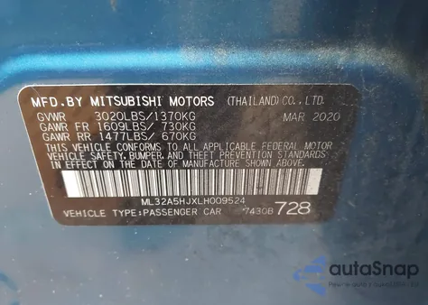 2020 Mitsubishi Mirage Gt/Le из США, поврежденный, VIN ML32A5HJXLH009524